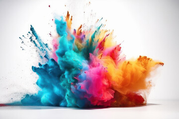 Fototapeta na wymiar A burst of colorful powder against a white background creates a beautiful and abstract image that is both playful and festive. This image is AI generative.