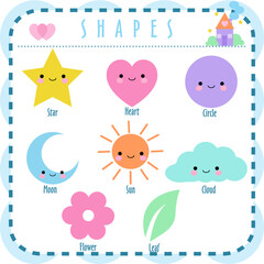 Set of smiling geometric figures. Comic cartoon characters for children education. Basic geometric shapes. Vector illustration