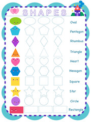 Learn shapes and geometric figures. Preschool or kindergarten worksheet for practicing motor skills. Tracing dashed lines. Vector illustration