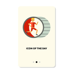 Happy athlete running in wheel flat vector icon. Cartoon drawing of fitness studio equipment for workout isolated vector illustration. Sport, fitness and health concept for web design and apps