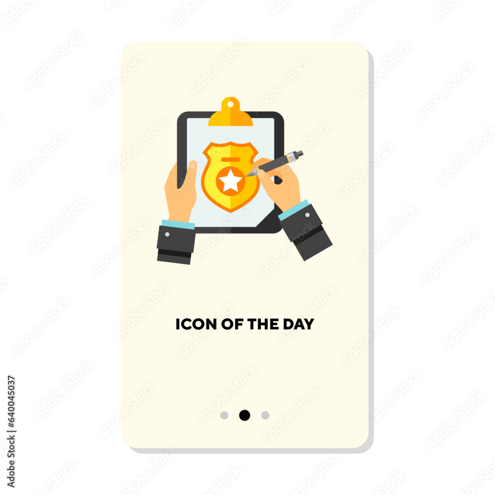 Poster hands writing police report with pen flat vector icon. person filling form or document isolated vect