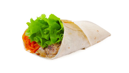 Delicious tortilla wrap with tuna isolated on white