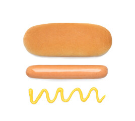 Bun, sausage and mustard isolated on white, top view. Ingredients for hot dog