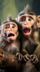 three cute babies monkey keeps watching with eyes wide open, emotive gestures and expressions, AI generated