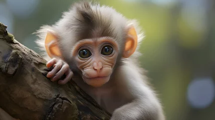 Poster cute baby monkey keeps watching with eyes wide open, AI generated © shustrilka