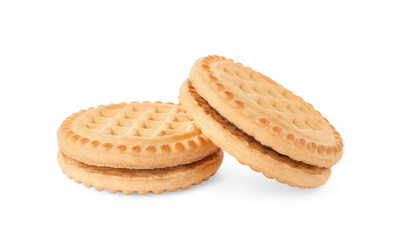 Tasty sandwich cookies with cream isolated on white