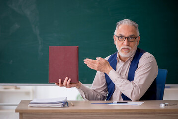 Old male teacher in front of green board