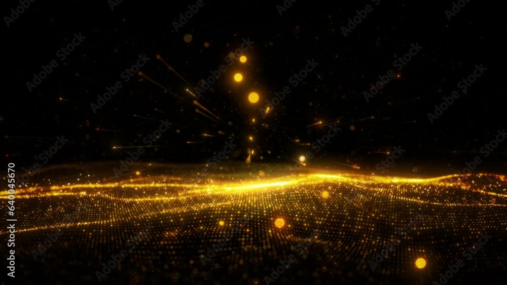 Poster particle wave flow golden color abstract glowing bokeh background, particle merry christmas and happ