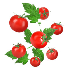 Many fresh ripe tomatoes and green leaves falling on white background