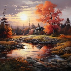 Autumn Sunset Landscape River