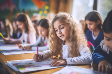A group of children in their classroom, focused on doing their tasks in an elementary school.back to school concept