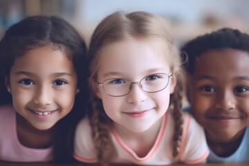 A group of students from diverse ethnic backgrounds with a positive attitude in a primary school classroom on the first day of class.back to school concept