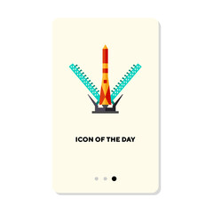 Launch of space rocket flat vector icon. Cosmo equipment at spacecraft flight start vector illustration. Rocket production, science, cosmos and technology concept for web design and apps