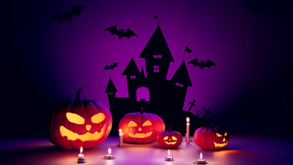 Halloween concept pumpkins and purple-toned background with bats, 3d rendering