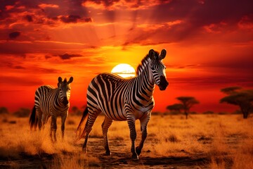 African zebras at beautiful orange sunset in the Serengeti National Park. Tanzania. Wild nature of Africa, AI generated