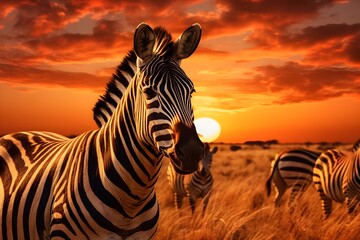 Fototapeta na wymiar African zebras at beautiful orange sunset in the Serengeti National Park. Tanzania. Wild nature of Africa, AI generated