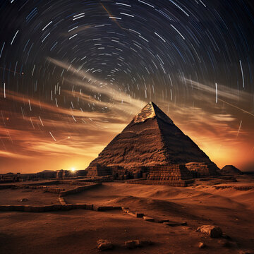 A fascinating trail of stars paints the night sky above an Egyptian pyramid. Ethereal dance of light captures the passage of time against the backdrop of history.