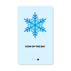 Snowflake design on blue background flat icon. Vertical sign or vector illustration of symbol of winter season or holidays element. Winter, decoration, magic for web design and apps