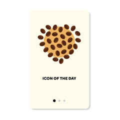 Heart shape made from coffee beans flat icon. Vertical sign or vector illustration of coffee for breakfast or lunch element. Food, health, morning for web design and apps
