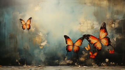 A grungy background with butterflies and flowers. Generative AI. 