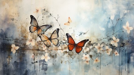 A grungy background with butterflies and flowers. Generative AI. 