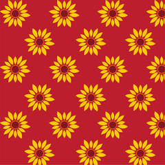 Floral pattern, on an orange/red background. bright yellow sunflowers