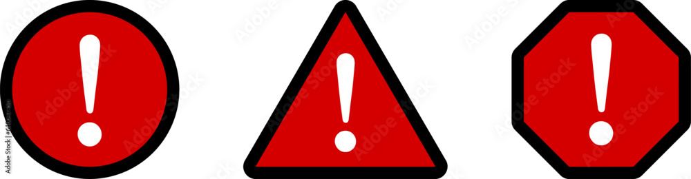 Poster red white black round circle octagonal and triangular warning or attention caution sign with exclama