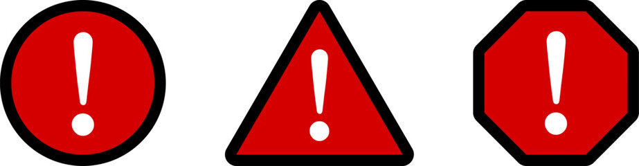 Red White Black  Round Circle Octagonal and Triangular Warning or Attention Caution Sign with Exclamation Mark Flat Icon Set. Vector Image.