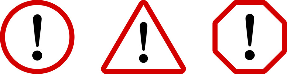 Red White Black Round Circle Octagonal and Triangular Warning or Attention Caution Sign with Exclamation Mark Flat Icon Set. Vector Image.