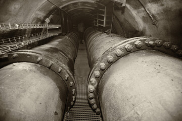 Two large-diameter pipeline lines for the supply of drinking water in the underground gallery.