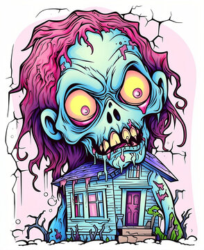 Terrifying and large zombie that entered a house to attack the owners and turn them into zombies, halloween image created by AI