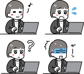 パソコンの前でいろんな表情をするオフィスカジュアルの女性