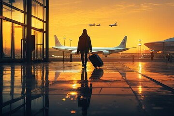 Fototapeta premium silhouette people walking with luggage