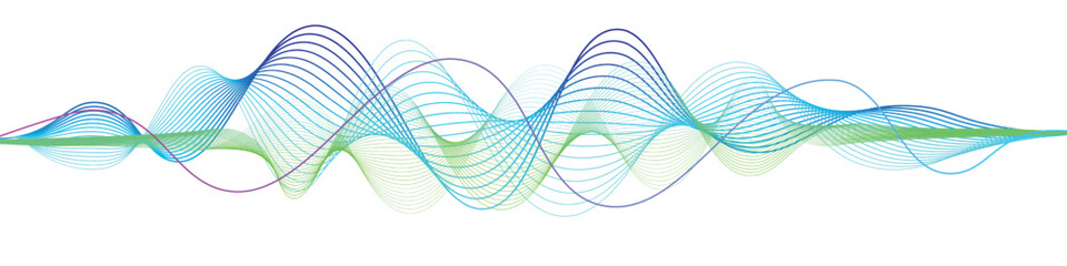 Data transmission, sound wave, technology, space transformation. Abstract green-purple-blue wave on transparent background for web design, presentation design, web banners. Design element