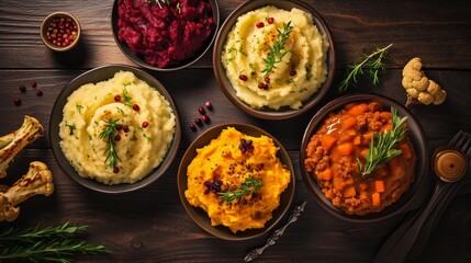 An overhead view of Thanksgiving plates filled with roasted vegetables, mashed potatoes, and cranberry sauce, highlighting the rich autumnal colors, with space for text near the top. AI generated. - obrazy, fototapety, plakaty
