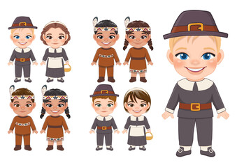 Happy Thanksgiving Pilgrim and Native American Indian Costume Boy and Girl Vector Flat Icon Style