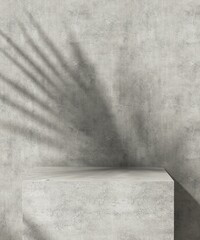 Cube gray concrete side table podium in sunlight, palm leaf shadow on polished cement wall. Luxury...