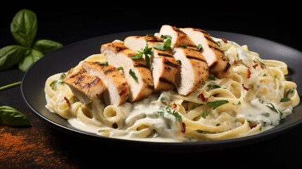 Fototapeta premium Chicken Alfredo, Tagliatelle with greens and cream sauce on a dark background, Fettuccine meal. created with Generative AI