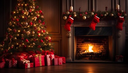 A warm Christmas background with gifts and a fireplace