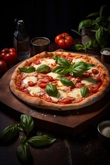 Pizza Margherita with mozzarella cheese, tomatoes and basil on black background. Culinary Photo. created with Generative AI