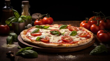 Pizza Margherita with mozzarella cheese, tomatoes and basil on black background. Culinary Photo. created with Generative AI