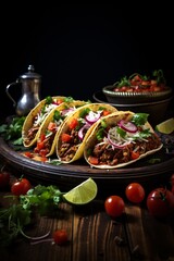Traditional mexican tacos with meat, vegetables and salsa on wooden or black background. created with Generative AI