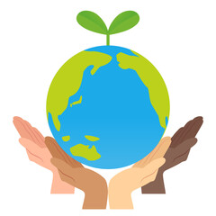 色んな手で支える新芽の生えた地球_エコロジーイメージ_ベクターイラスト