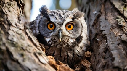 Enigmatic owl blending into a tree's bark
