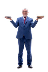 Old businessman holding books isolated on white