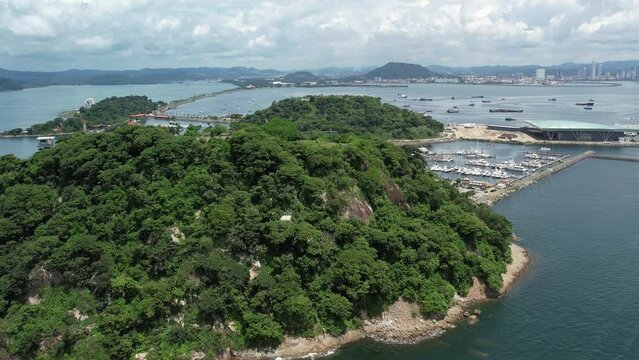 Aerial views from over Flamenco Island and Perico Island, outside of Panama City, Panama.