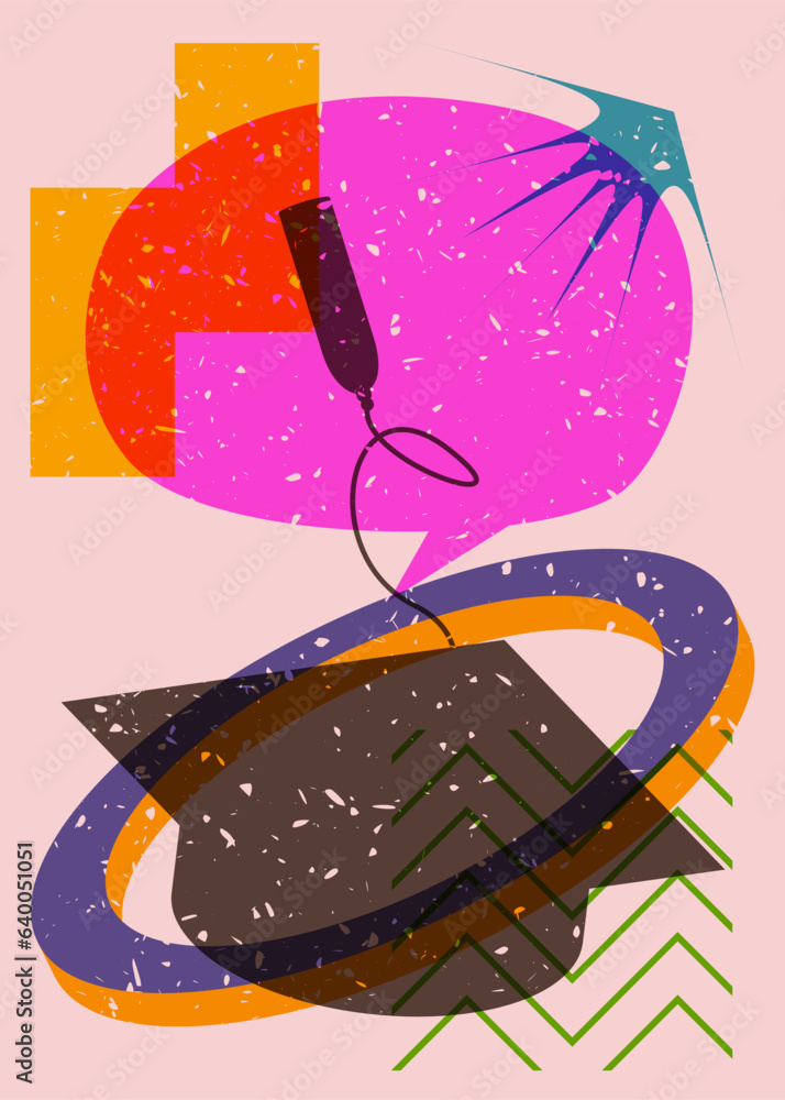Poster graduation cap with speech bubble and colorful geometric shapes. education concept in trendy riso gr