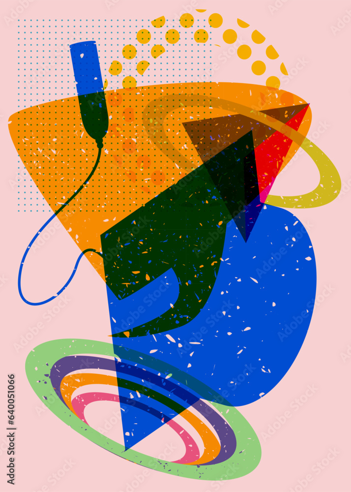 Poster graduation cap with speech bubble and colorful geometric shapes. education concept in trendy riso gr