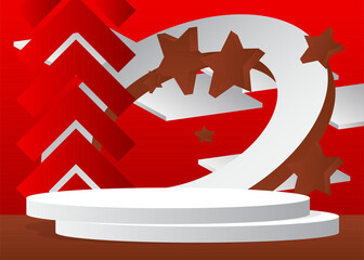 Brown, red and white mockup product display. Vector 3D room, stage showcase for presentation. Minimal geometric forms, cylinder pedestal podium.