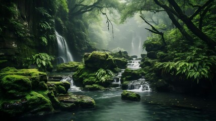 Misty waterfall cascading through lush emerald forest
